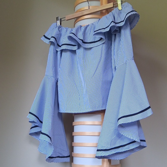 Forever 21 Tops - Ptp19" Striped Off-Shoulder Ruffled Blouse with Flared Sleeves